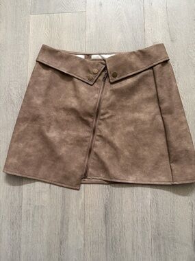 SHEIN Brown Faux Suede A-Line Mini Skirt with Front Zip